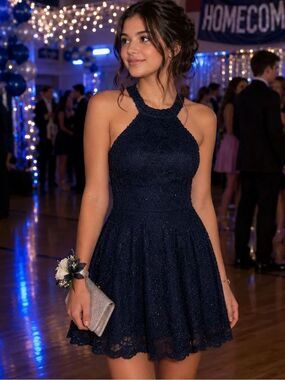 B Darlin Sparkly Fit and Flare Lace Cocktail Dress Halter Neck Navy Blue 7/8